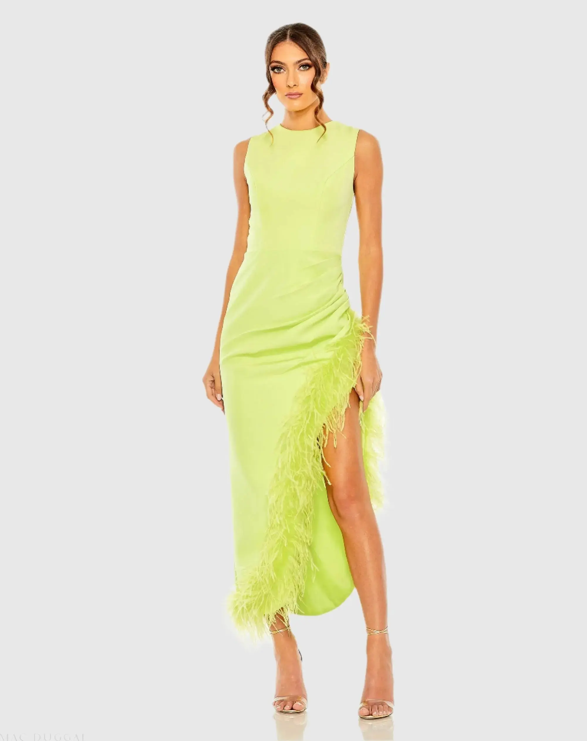 Sleeveless Faux Wrap Dress with Feather Detail - Image 2