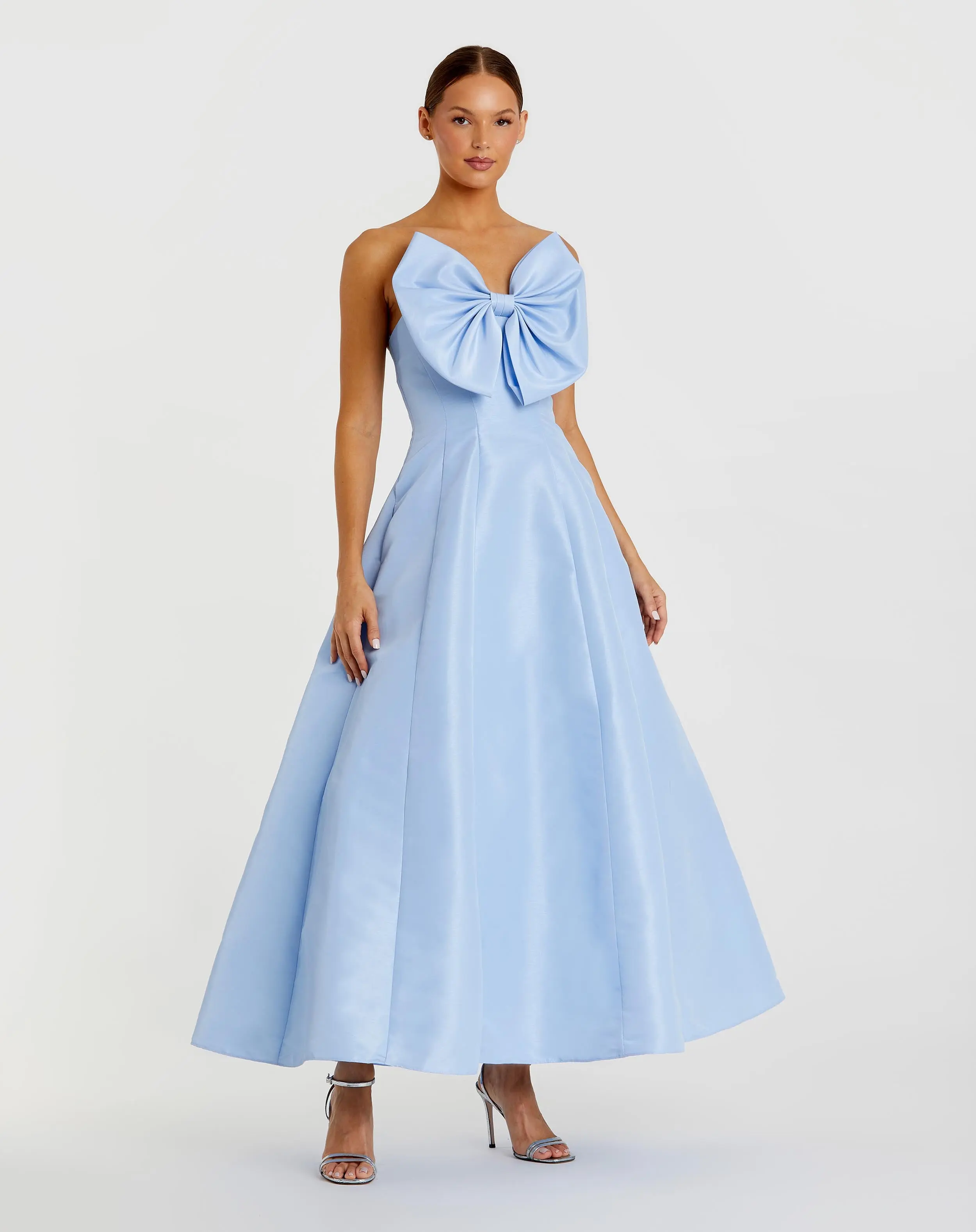 Strapless A-Line Tea Length Statement Bow Dress