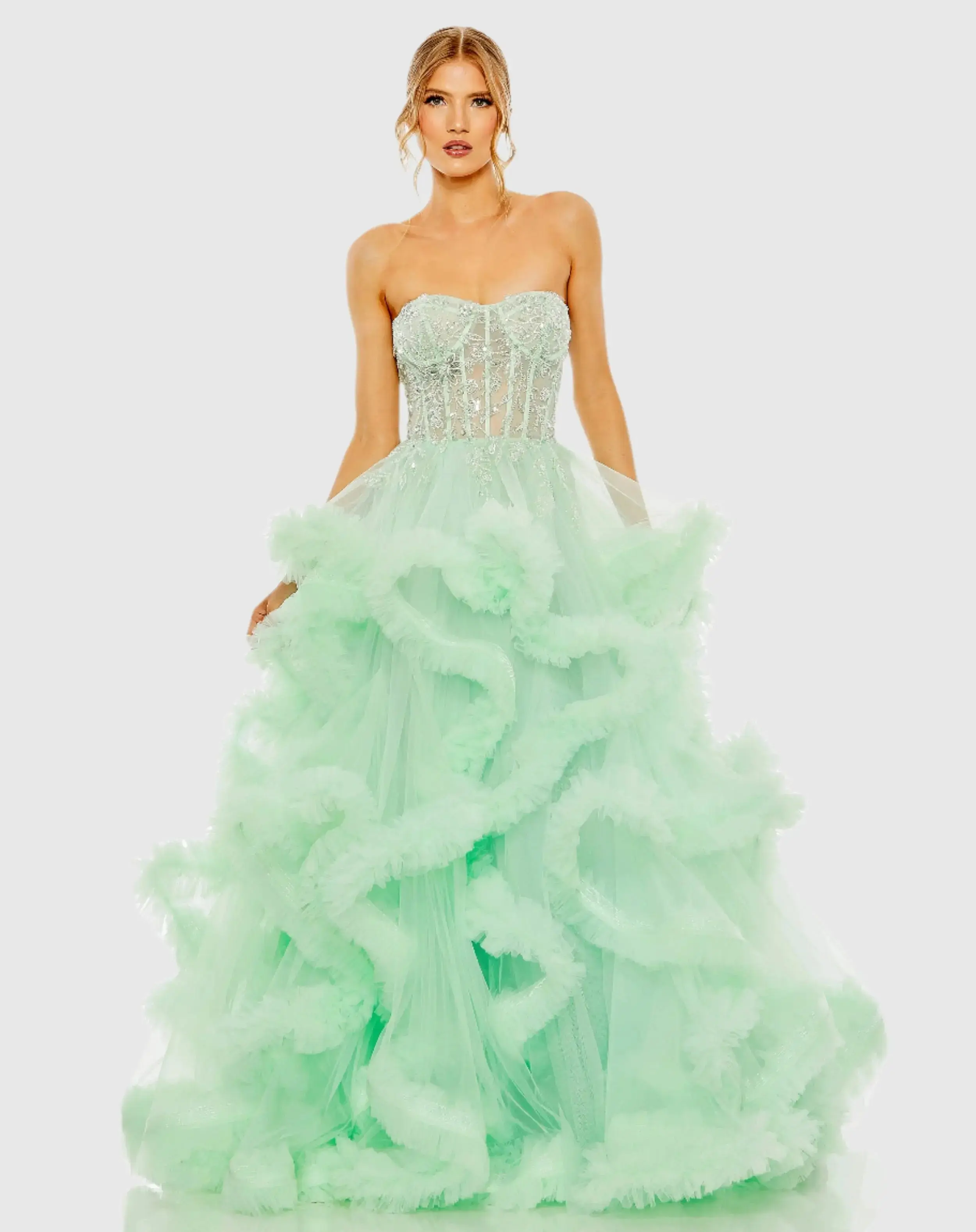 Strapless Corset Detail Tulle Layered Gown