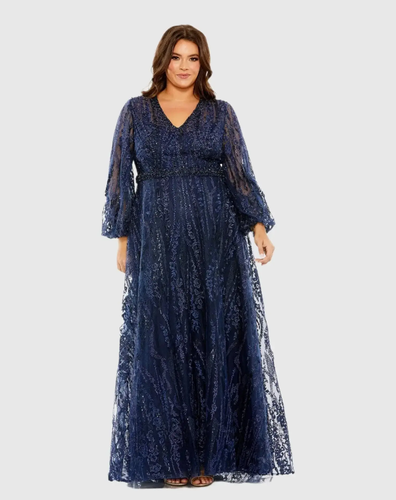 Navy V Neck Puff Sleeve Embroidered A Line Gown (Plus)