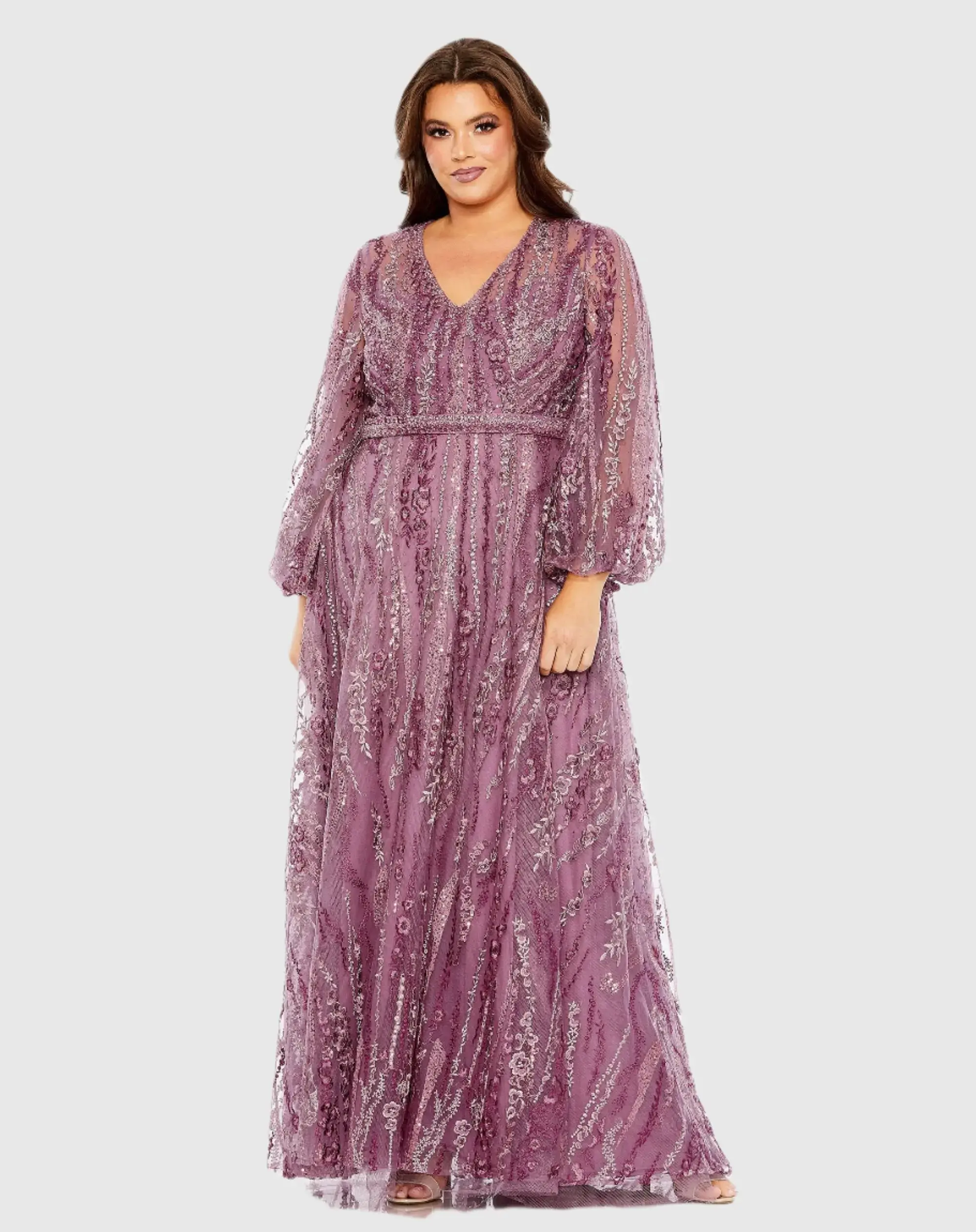 V Neck Puff Sleeve Embroidered A Line Gown - Image 3